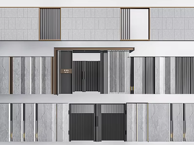 Modern Architectural Facade With Gray Stone Walls Black Doors And Slatted Panels 3d model
