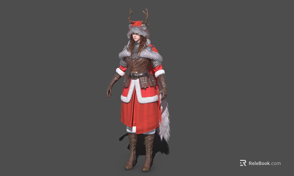 Fantasy Character Costume In Red Brown With Antler Hat Fur Trim And Brown Boots 3d model 