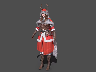 Fantasy Character Costume In Red Brown With Antler Hat Fur Trim And Brown Boots 3d model