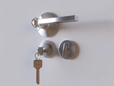 Chrome Door Handle With Lock And Key On White Door Surface 3d model
