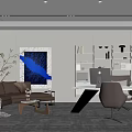 Modern Office Interior With Leather Sofa Bookshelves Work Desk Computer And Abstract Art