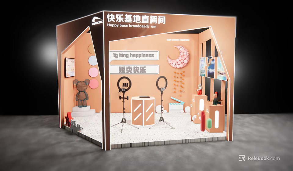 Public Workspace Live Streaming Studio With Happiness Theme Decorations Ring Lights And Bear Ornament 3d model