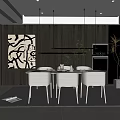 Modern Restaurant Interior With Round Dining Table White Chairs Black Artwork Pendant Lights And Green Plants