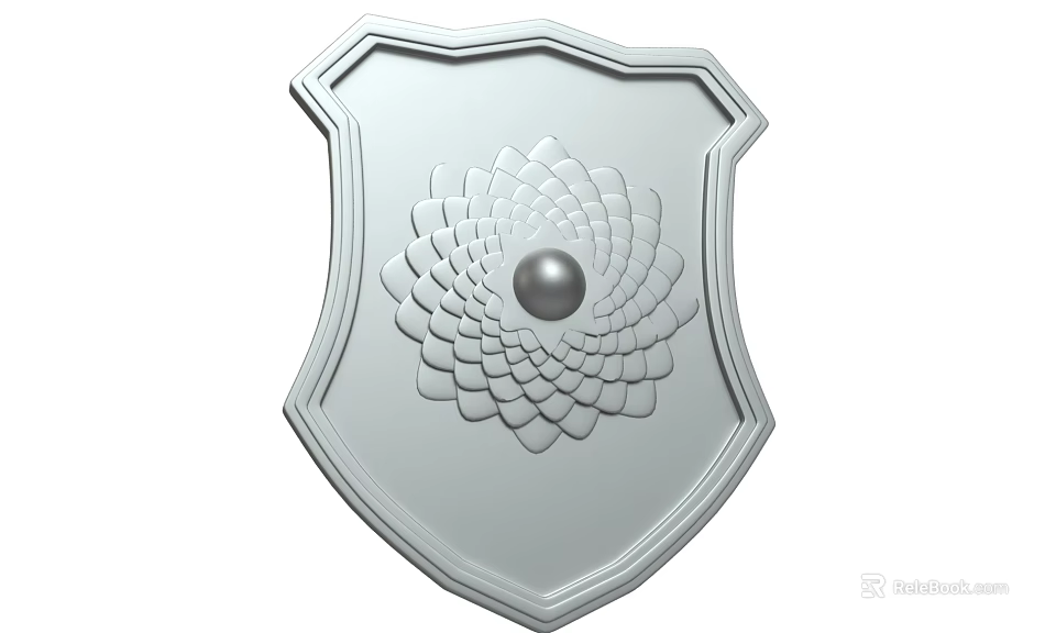 Silver Metal Shield Shaped Wall Decor With Floral Pattern And Central Sphere 3d model