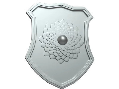 Silver Metal Shield Shaped Wall Decor With Floral Pattern And Central Sphere 3d model