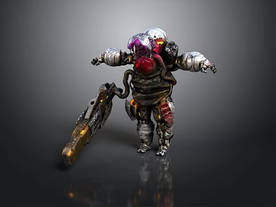 Cybernetic Character With Biological Head And Heavy Weapon In Metallic Armor 3d model