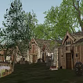 Rustic Wooden Cottage Buildings with Waterfront View and Lush Trees in Natural Setting