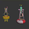 Yellow And Red White Marine Navigation Buoys With Solar Panels Antennas And Signal Lights