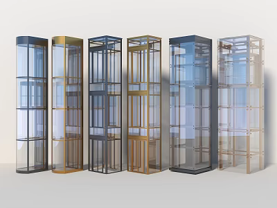 Modern Elevators With Glass Panels And Metal Frames In Various Colors And Styles 3d model