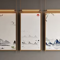 Chinese Landscape Paintings With Mountains Water Red Sun Flying Birds Plum Blossoms Bamboo Golden Frames