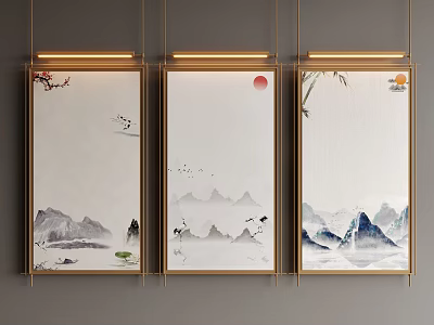Chinese Landscape Paintings With Mountains Water Red Sun Flying Birds Plum Blossoms Bamboo Golden Frames 3d model