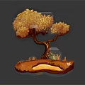 Cartoon Scene Featuring Orange Tree With Brown Trunk And White Fox On Orange Ground