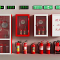 Fire Equipment Display With Red Cabinets Fire Extinguishers And Green Emergency Signs