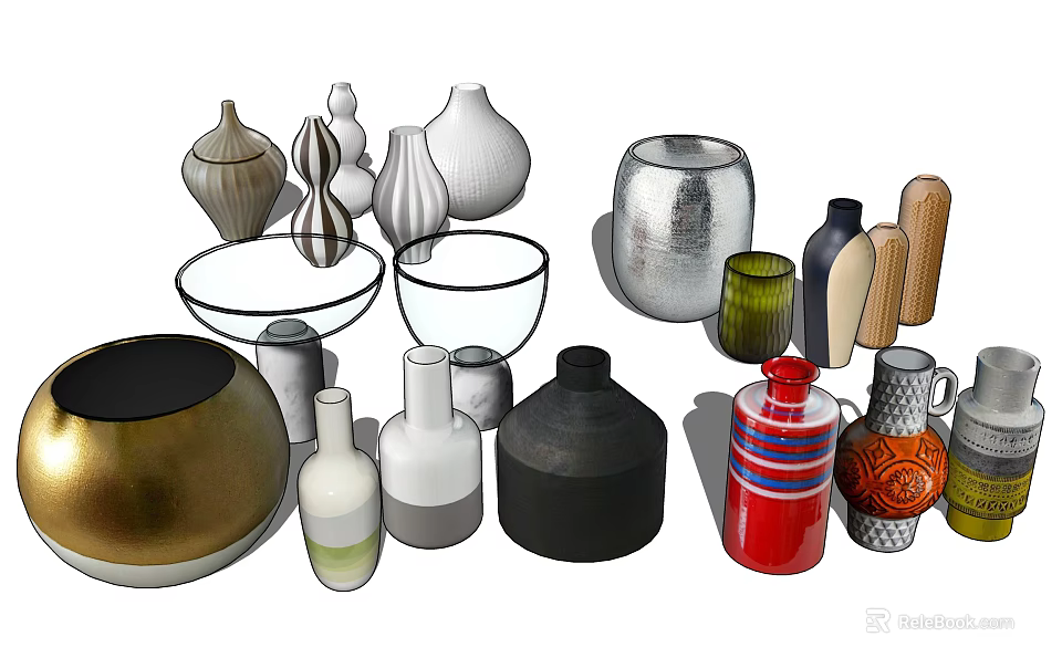 Decorative Ornament Set With Various Vases Bowls Different Shapes And Colorful Metallic Designs 3d model 