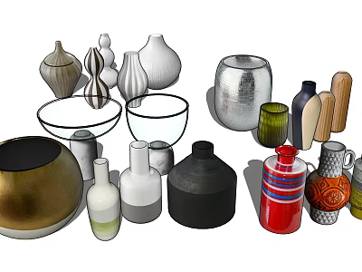 Decorative Ornament Set With Various Vases Bowls Different Shapes And Colorful Metallic Designs 3d model