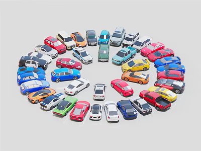 Colorful Toy Cars Arranged in Circular Pattern with Various Hues and Models 3d model