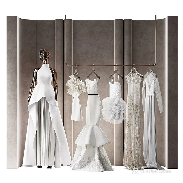 Elegant Bridal Clothing Store Featuring White Wedding Dresses Mannequin And Hanging Gowns 3d model 