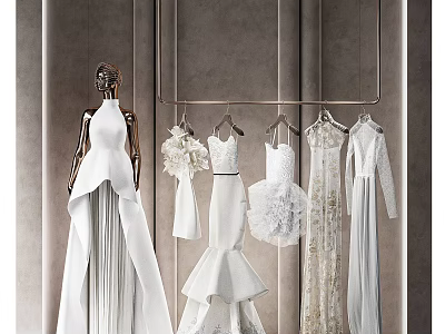 Elegant Bridal Clothing Store Featuring White Wedding Dresses Mannequin And Hanging Gowns 3d model