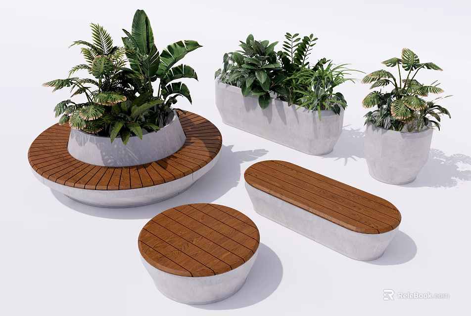 Stylish Outdoor Chairs With Wooden And Concrete Design Circular Rectangular Seats Accompanied By Green Plants 3d model 