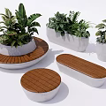 Stylish Outdoor Chairs With Wooden And Concrete Design Circular Rectangular Seats Accompanied By Green Plants