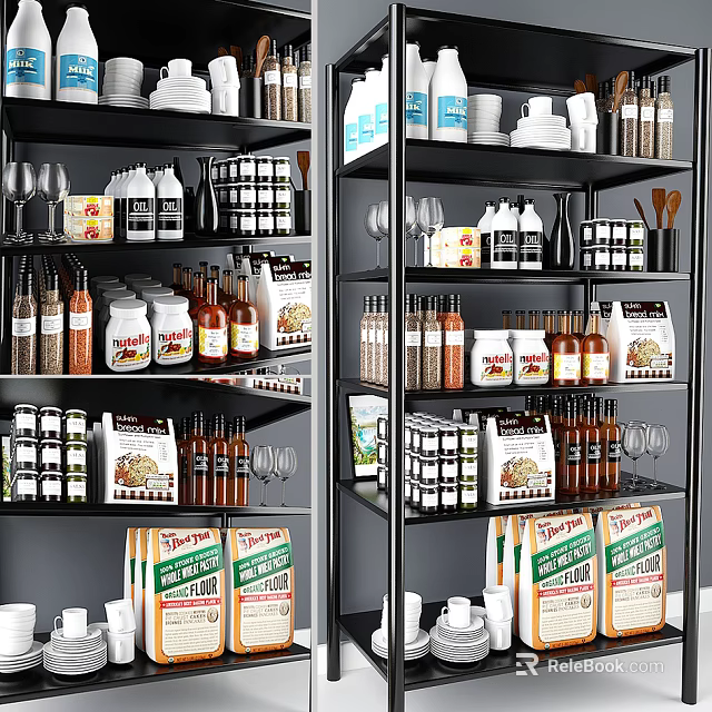 Organized Kitchen Storage Rack With Spices Bottles Jars And Glassware 3d model