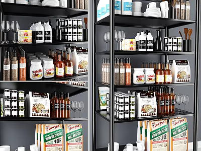 Organized Kitchen Storage Rack With Spices Bottles Jars And Glassware 3d model