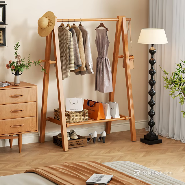 Bedroom Interior With Wooden Coat Rack Hanging Clothes Chest Of Drawers And Floor Lamp 3d model 