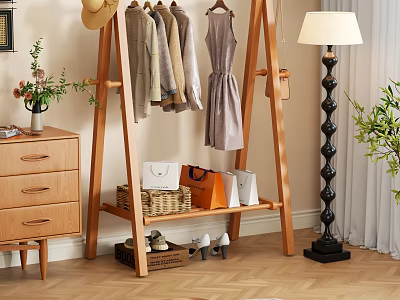 Bedroom Interior With Wooden Coat Rack Hanging Clothes Chest Of Drawers And Floor Lamp 3d model