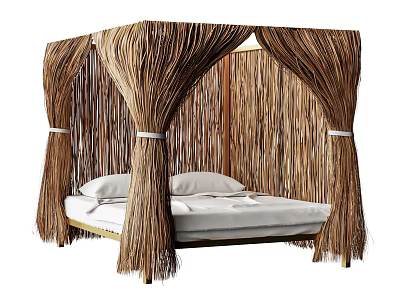 Rustic Natural Style Double Bed With Straw Canopy And White Sheets 3d model