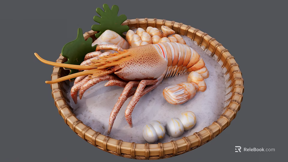 Fresh Seafood Platter In Bamboo Basket With Prawn Shells Ice And Green Garnish 3d model 