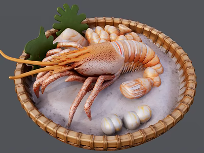 Fresh Seafood Platter In Bamboo Basket With Prawn Shells Ice And Green Garnish 3d model
