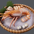 Fresh Seafood Platter In Bamboo Basket With Prawn Shells Ice And Green Garnish