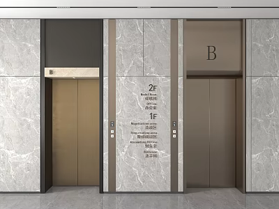 Modern Elevator Lobby With Golden Doors Marble Walls And Floor Indicators 3d model