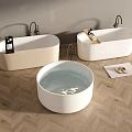 Three Stylish Freestanding Bathtubs In Beige And White With Black Faucets On Herringbone Wood Floor