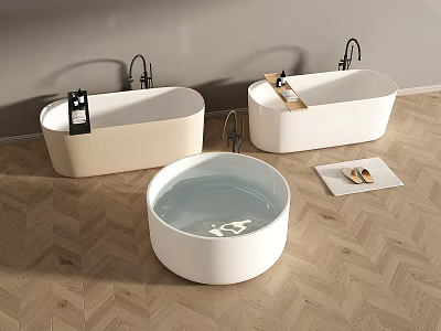 Three Stylish Freestanding Bathtubs In Beige And White With Black Faucets On Herringbone Wood Floor 3d model