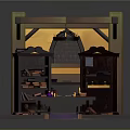 Cartoon Style Scene With Wooden Shelves Purple Path Items And Top Lantern Lighting