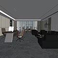 Modern Office Interior With Large Windows Wooden Bookshelves Gray Floor Office Desk And Sofa Seating
