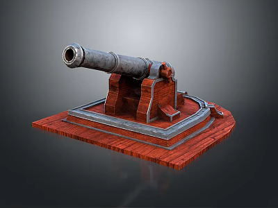 Detailed Historical Cannon Weapon With Metal Barrel Red Brick Carriage And Wooden Platform 3d model