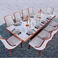 Elegant Dining Table Set With White Chairs Wooden Top And Decorative Tableware 3d model