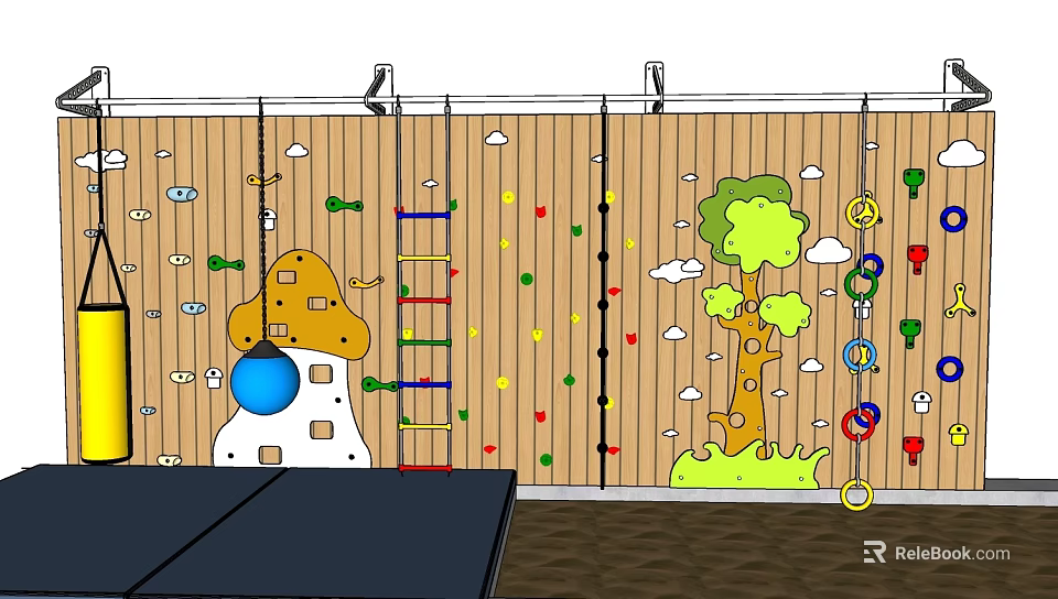 Kid Friendly Wooden Wall Decor With Mushroom Climbing Ropes Tree And Cloud Patterns 3d model 