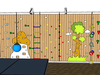 Kid Friendly Wooden Wall Decor With Mushroom Climbing Ropes Tree And Cloud Patterns 3d model