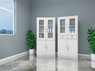 White Filing Cabinets with Glass Doors Files Green Plants Gray Walls Window and Marble Floor 3d model