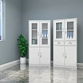 White Filing Cabinets with Glass Doors Files Green Plants Gray Walls Window and Marble Floor