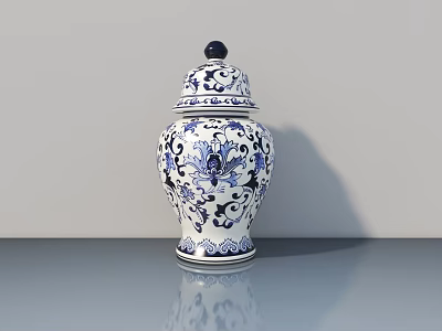 Blue and White Ceramic Jar With Traditional Floral Patterns And Lid On Smooth Surface 3d model