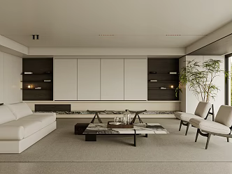 Living Room Sofa Single Chair Coffee Table Curtain Carpet Bookshelf Jewelry Chandelier Hanging Picture 3d model