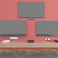 Three TVs Mounted on Red Wall With Wooden TV Stand And Media Devices