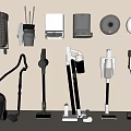 Various Household Electrical Appliances for Home Cleaning Including Vacuum Cleaners Mops and Bins