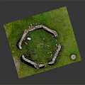 Circular Stone Wall Building Model With Grass Inside Door And Stone Well