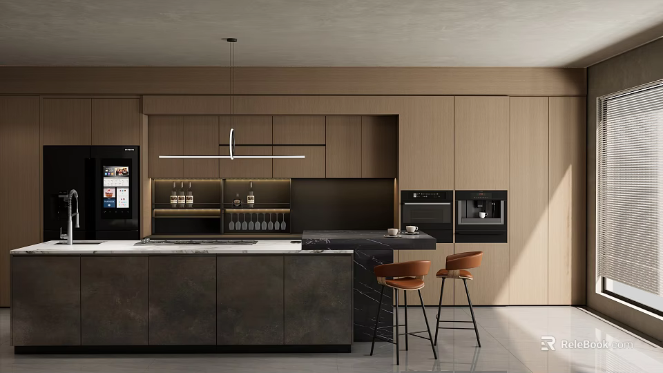 Modern Bar Area Interior With Island Counter Bar Stools Black Appliances And Cabinets 3d model 