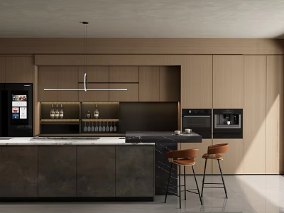 Modern Bar Area Interior With Island Counter Bar Stools Black Appliances And Cabinets 3d model